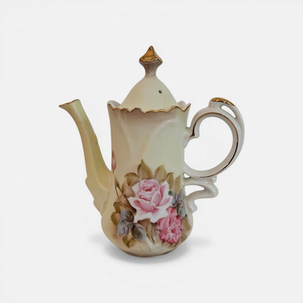 Vtg Lefton China Heritage Brown Rose Coffee or Chocolate Pot #1866 Hand Painted